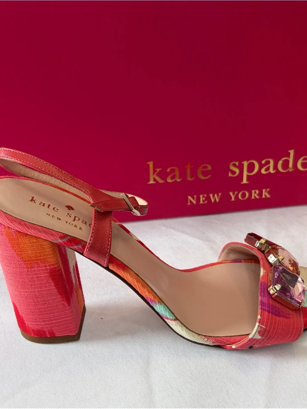 kate spade Pink Multicolor Jewel-Embellished Block Heel Sandals